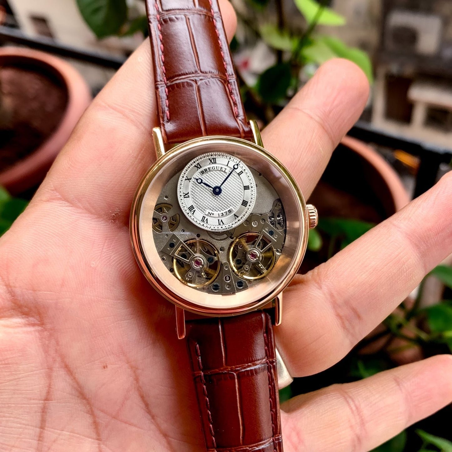 Breguet Tradition Rose Gold Black Leather Straps 7057 B B – Openwork