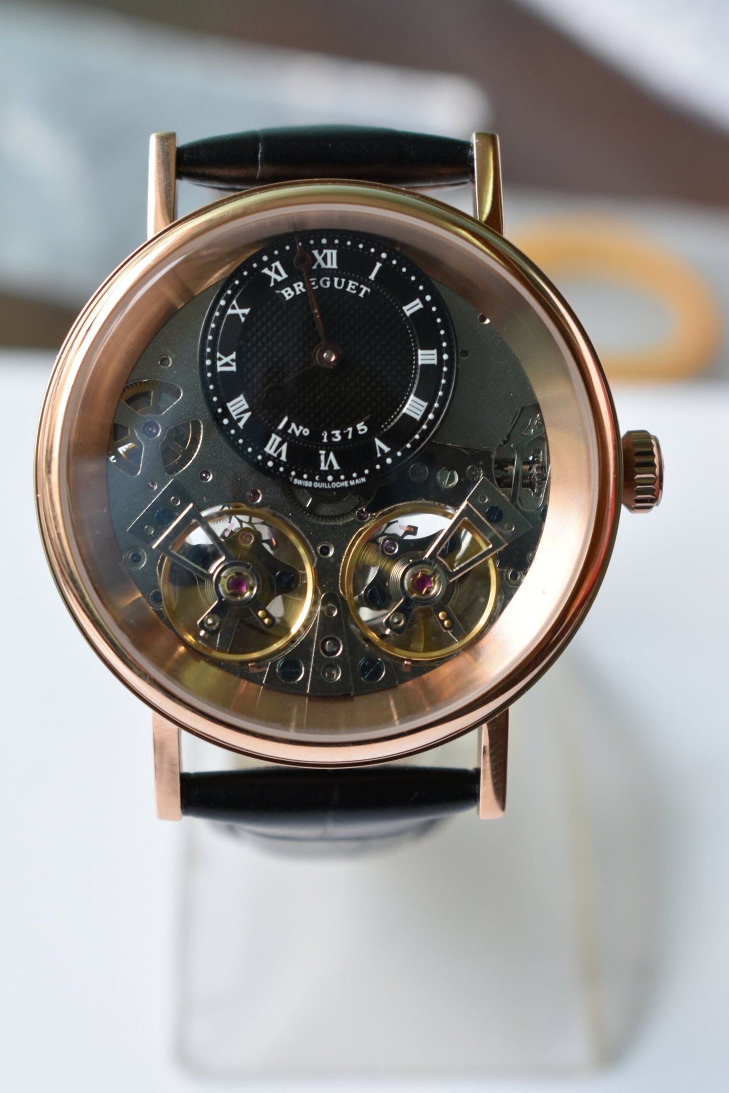 Breguet Tradition Rose Gold Black Leather Straps 7057 B B – Openwork