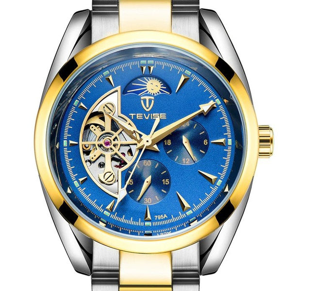 TEVISE 795 Automatic Mechanical Sun Moon Phase Tourbillon Mens Wrist Watch 42 mm