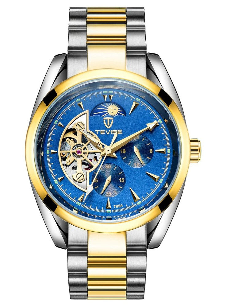 TEVISE 795 Automatic Mechanical Sun Moon Phase Tourbillon Mens Wrist Watch 42 mm